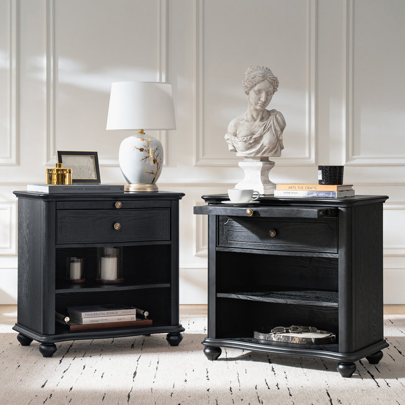 Elfine Traditional 28"W 1-Drawer Curved Front Solid End Tables with Pull-out Tray Set of 2, Black