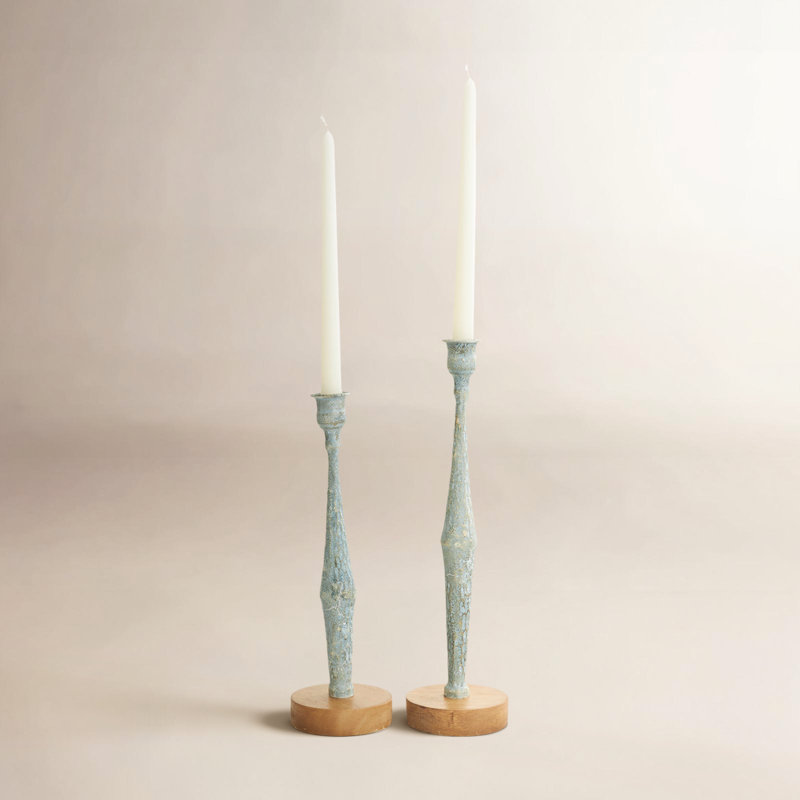 Alia 2 Piece Aluminum Tabletop Candlestick Set, Light Blue