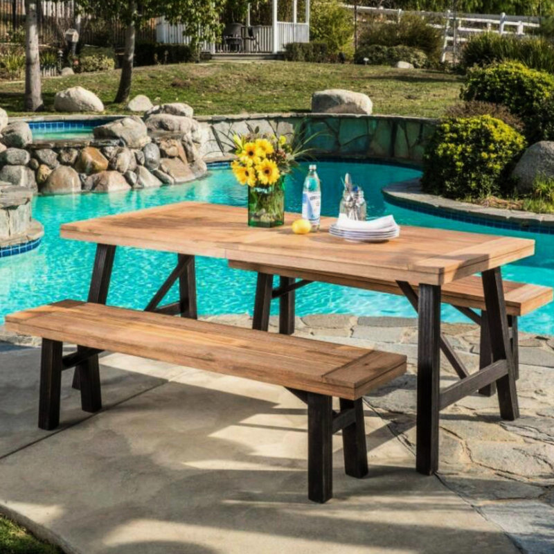 Dining  3 Pcs : Wood Slat Panel Table And Benches, Weather-, For Home Use, Rustic Charm Dining With Panels - A Look Pcs