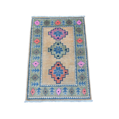 Tapis oriental fusion Kazak en laine veloutée 2 pi 0 po x 2 pi 11 po