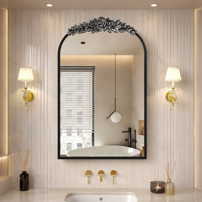 20" x 30" Vintage Arched Medicine Cabinet Mirror, Carved Top, Recessed & Surface Mount with Adjustable Shelf & Jewelry Hooks，Black