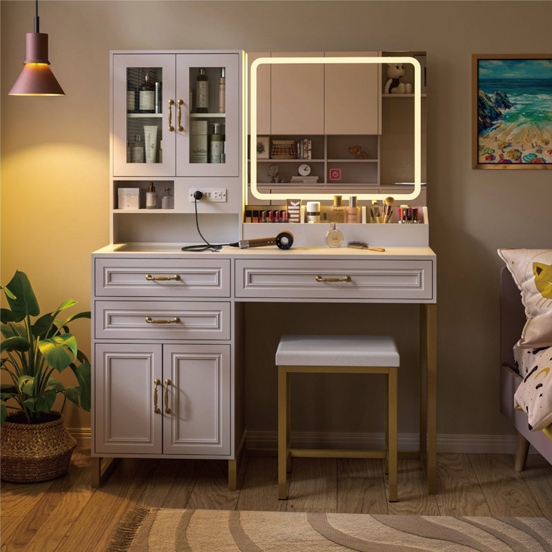 Ensemble de coiffeuse 43 "avec lumière et miroir et prise de courant, Blanc / doré