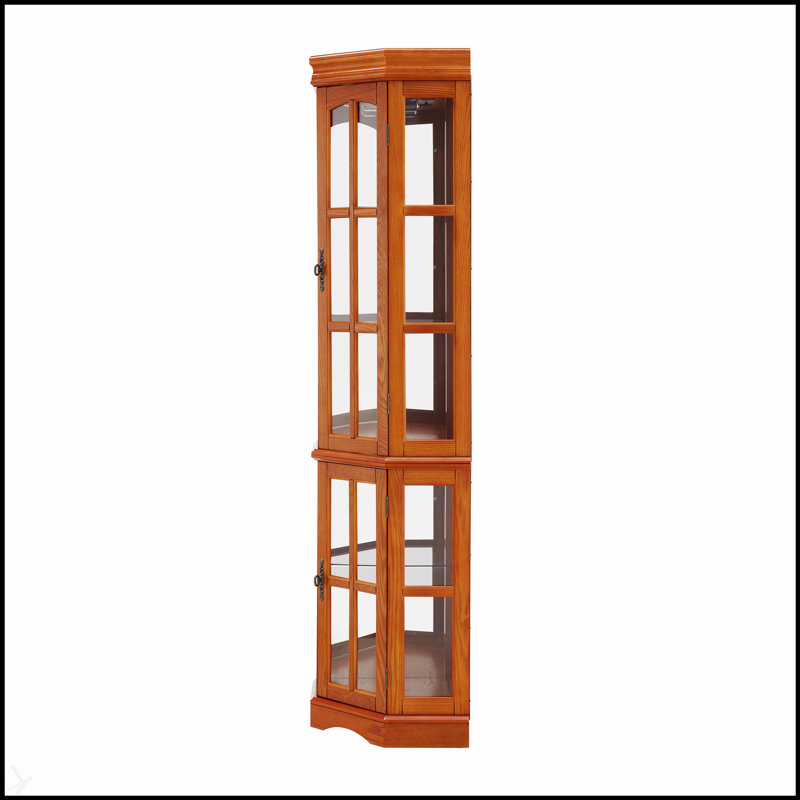 Vitrine d'angle avec 5 tablettes et éclairage intégré, parfaite pour exposer des objets de collection et maximiser l'espace