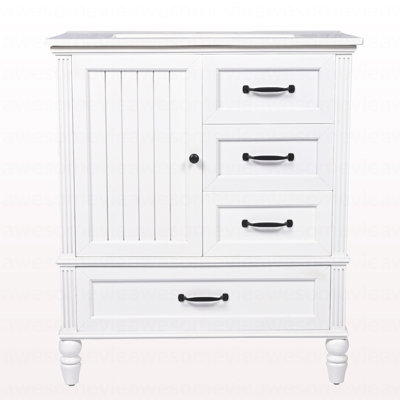 Meuble-lavabo de 30 po avec lavabo, armoire de salle de bain avec porte, trois tiroirs, pieds en bois massif et panneau de fibres à densité moyenne, patins réglables, blanc