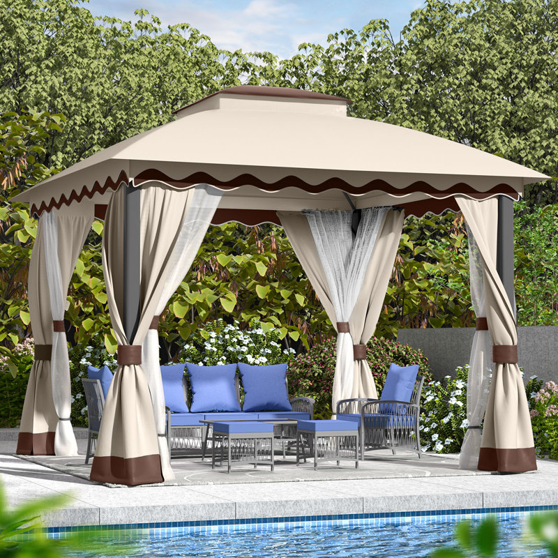 Outdoor Patio Gazebo Heavy Duty Gazebos With Mosquito Netting & Double Roof, 112" H x 121" W x 121" D, Beige