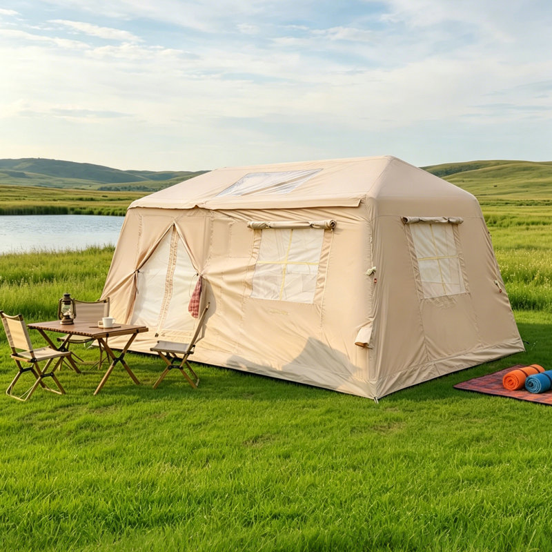 Tente de camping gonflable 4 saisons Oxford 9 pi x 13 pi beige avec pompe à main (4 à 8 personnes)