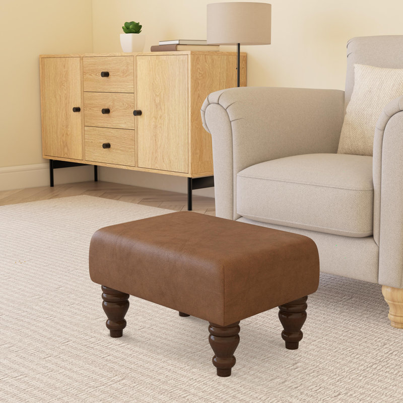 Manufactured Wood Accent Stool, Mahogany, Italian Leather, Tan Beige