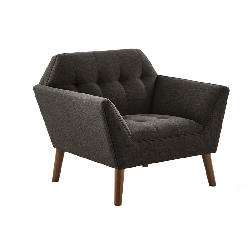 Chaise longue de style Mid-Century avec capitonnage à boutons, pieds en bois massif de couleur pacane, fauteuil de détente avec accoudoirs H 37 po x P 29,5 po, pieds en pacane,