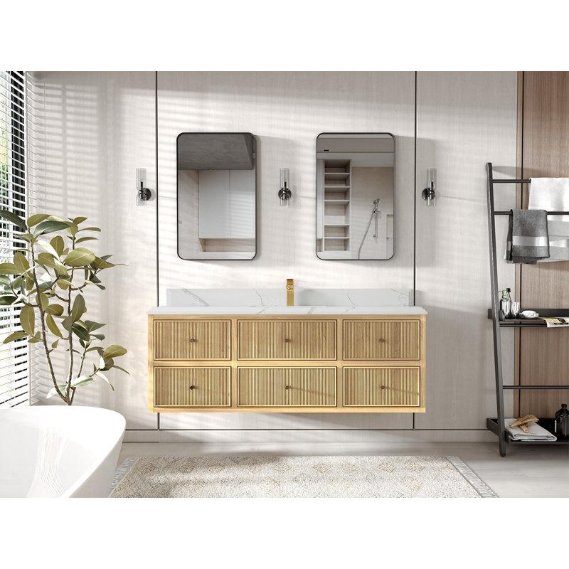 Sonoma Floating Teak 60'' Single Bathroom Vanity with Quartz Top, Calacatta Laza