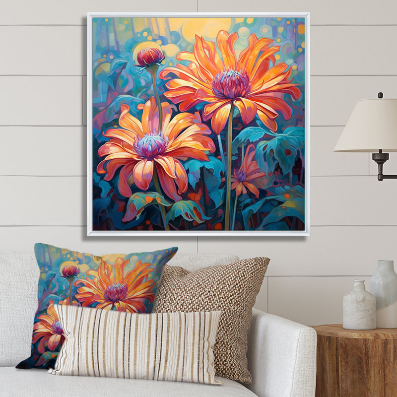 " Blossoming Orange Chrysanthemums Retro ", 36" H x 36" W x 1.5" D, White Floater Framed