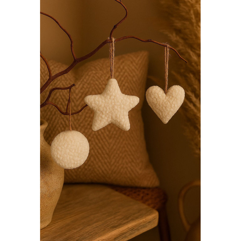Charming Christmas Ornament Set (3 Pieces), White Polyester & Jute, 4.7 x 4.7 x 5.1 inches | Bead Silicone Design, Easy to Clean with Damp Cloth | Perfect for Holiday Decor, Festive and Elegant Touch