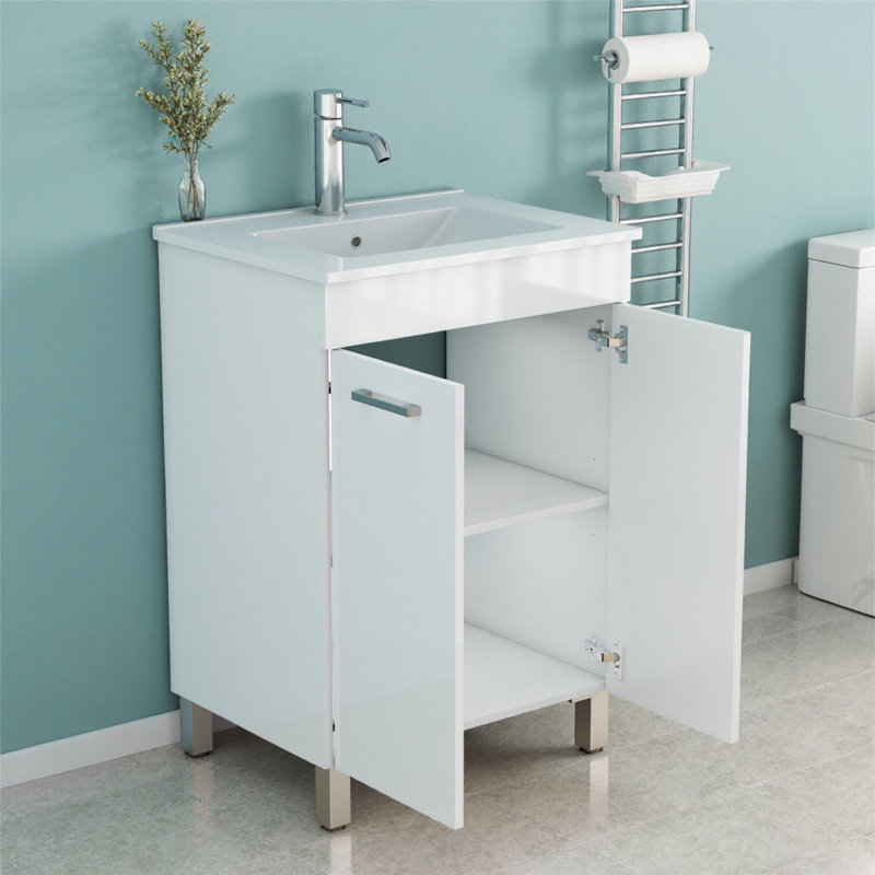 Glossy White 24-Inch Bath Vanity with Ceramic Sink, Cabinet & Soft-Close Doors