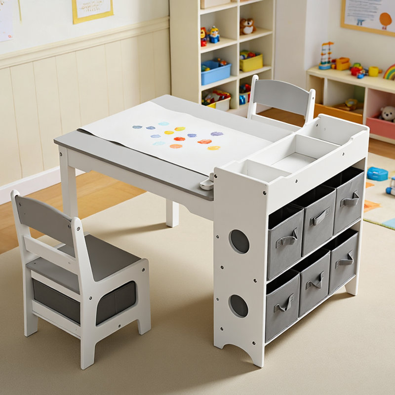 Kids Wood Table & 2 Chairs Set, 4 in 1 Children Activity Table w/Double Bookcase, Blackboard, Toddler Furniture Set