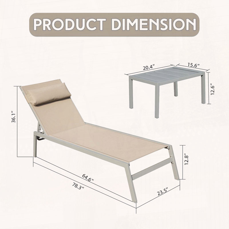 Aluminum Patio Chaise Lounge Set of 3 with Side Table, Khaki