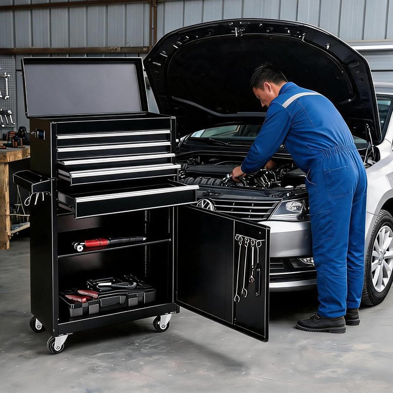 Armoire à outils à 4 tiroirs avec roulettes, chariot à outils roulant en métal avec tiroirs coulissants et doublure de protection pour atelier de garage