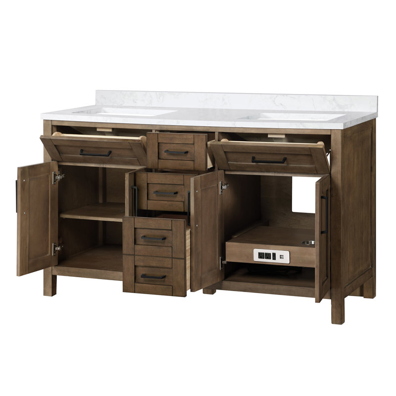 OVE Decors Tahoe 60" Double Bathroom Vanity Set with Mirror, Almond Latte, White