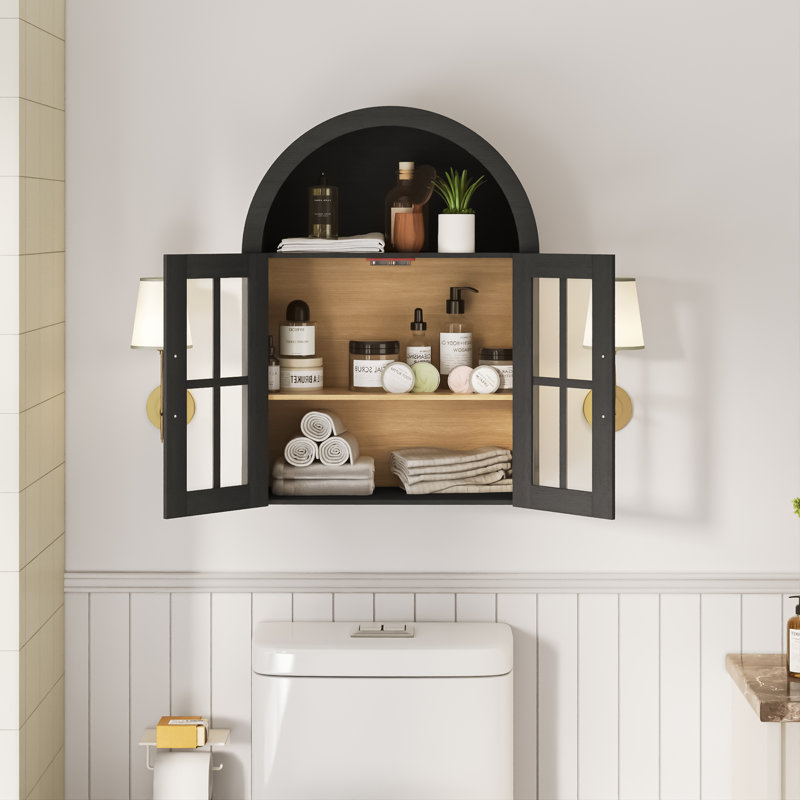 Arched Bathroom Wall Cabinet, Roman Column Design, 28" Wide Over-The-Toilet Medicine Cabinet With Glass Doors,Open Shelf For Bathroom, Laundry, And Kitchen