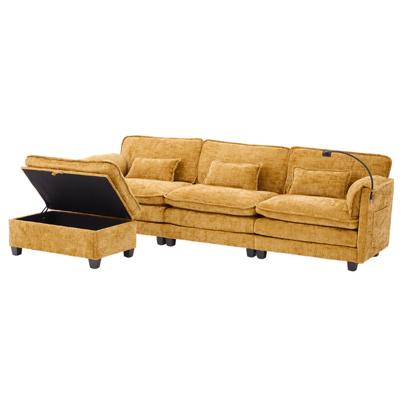 Canapé modulaire surdimensionné de 112 po pour le salon - canapé en L en chenille moderne, canapé-lit modulaire confortable avec repose-pieds de rangement mobile, support pour téléphone et port de charge USB