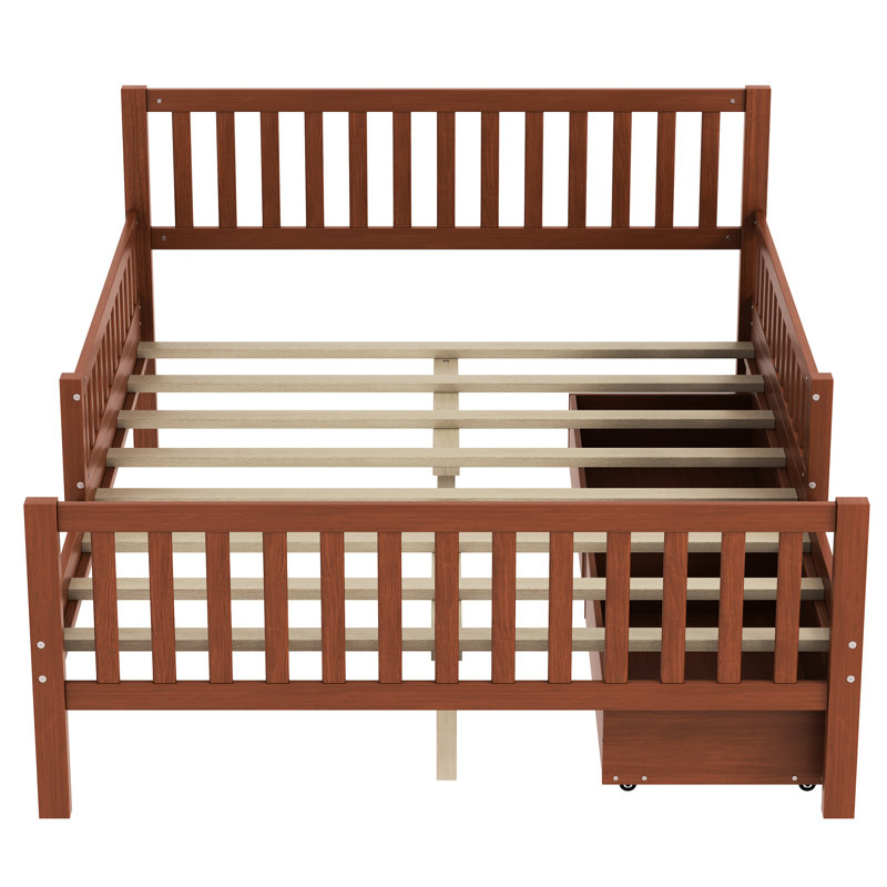 Lit plateforme double en bois pleine grandeur de couleur noyer avec garde-corps et deux grands tiroirs de rangement, structure, 8 lattes de pin uniformément espacées, pour l'équilibre