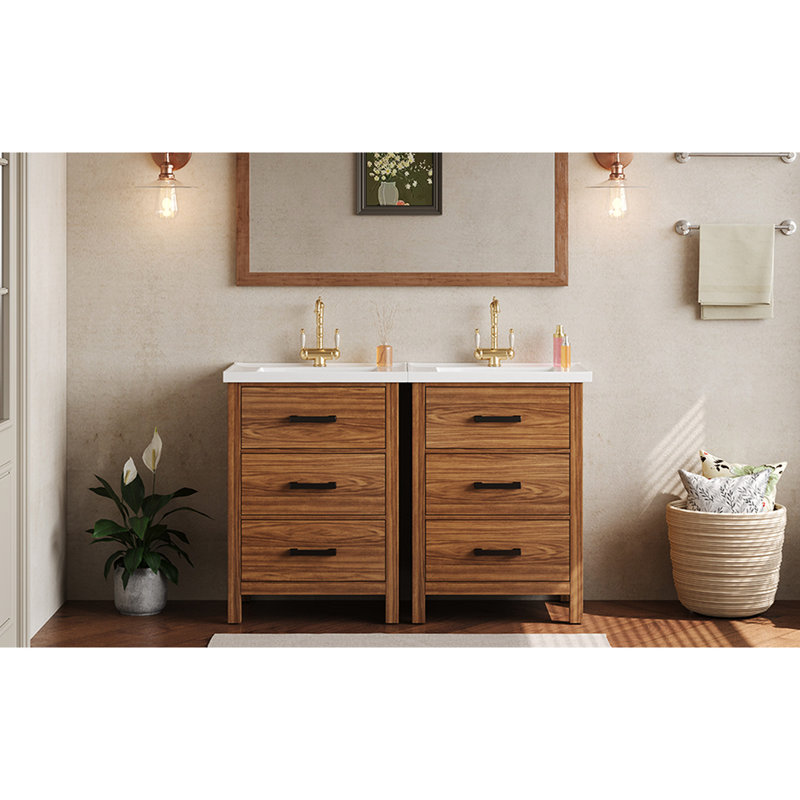 Meuble-lavabo 48 po avec lavabo en céramique, finition bois naturel, 6 tiroirs pour fournitures 48,8 po