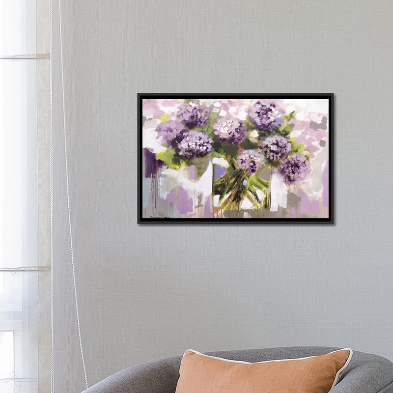 « rosé hortensia », impression sur toile, H 18 po x l 26 po x P 1,5 po, Toile avec cadre noir, Pas de tapis