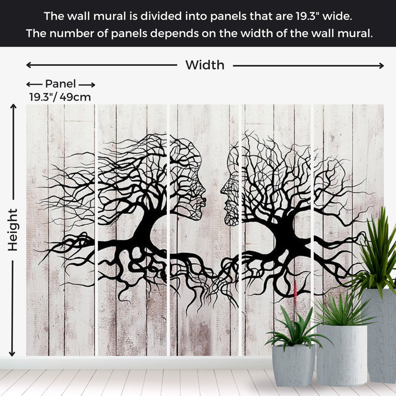 Murale abstraite pelez et collez - Un baiser entre les arbres, L 68 po x l 96 po