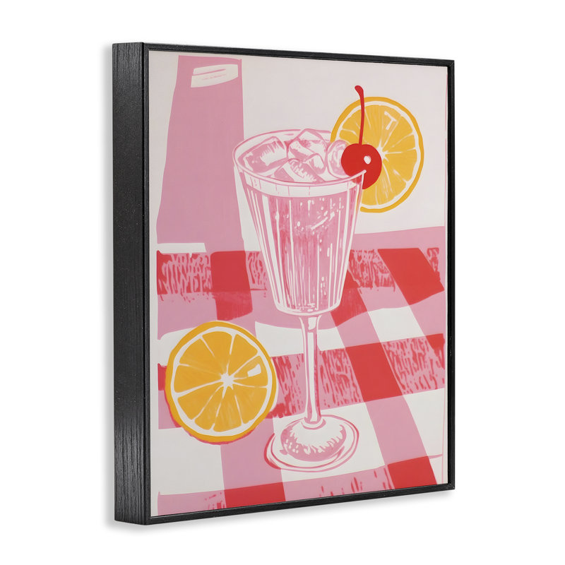 Limonade rose sur nappe, giclée encadrée, conception par Walker Noble, H 14 po x l 11 po, Giclée encadrée noir minuit