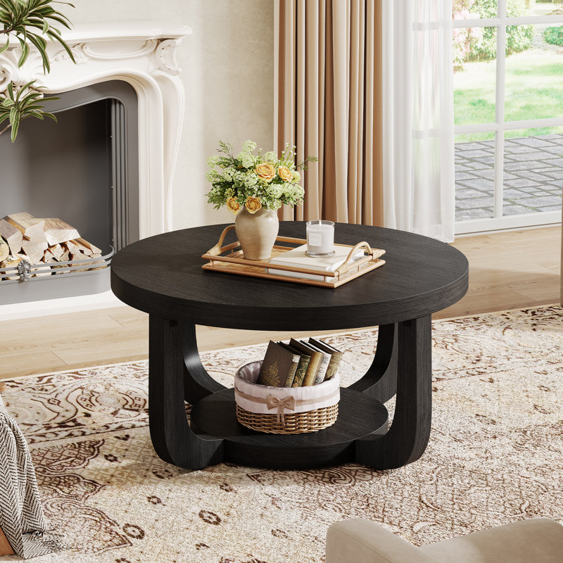 Rustic 2 Tier 31 inch Round Coffee Table  Center Table For Living Room, Black