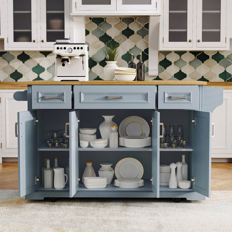 54Inch Large Kitchen Island With Rubber Wood Drop Leaf, Embossed Texture Rolling Kitchen Cart On 4 Wheels With 4 Doors And 3 Drawers, Kitchen Island