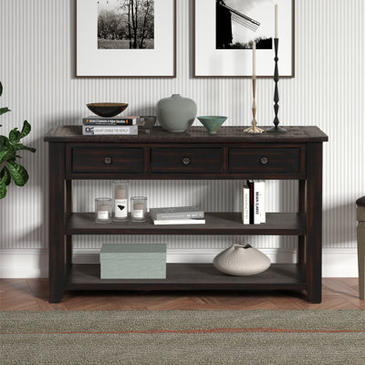 48" Console Table, 3 Drawers, 2 Shelves, Pine Wood for Entryway - Distressed Black