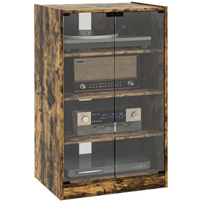 4 Media Cabinet In Rustic Brown - Adjustable Shelves & Tempered Glass Doors Stand For Receiver, Player, Gaming Console, Laptop, Books Stereo Cabinet,