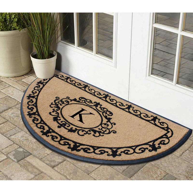 Bahily Floral Border Natural Coir & Rubber Hand-Flocked Monogram Door Mat, 36"x72", Heavy-Duty Outdoor Front Porch Entrance Doormat