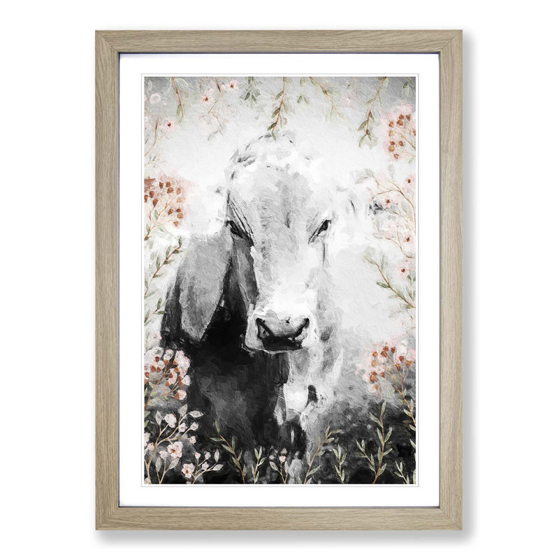Jersey Cow in the Meadow - Picture Frame Painting Print on MDF, 48cm H x 36cm W x 2cm D, Oak Framed