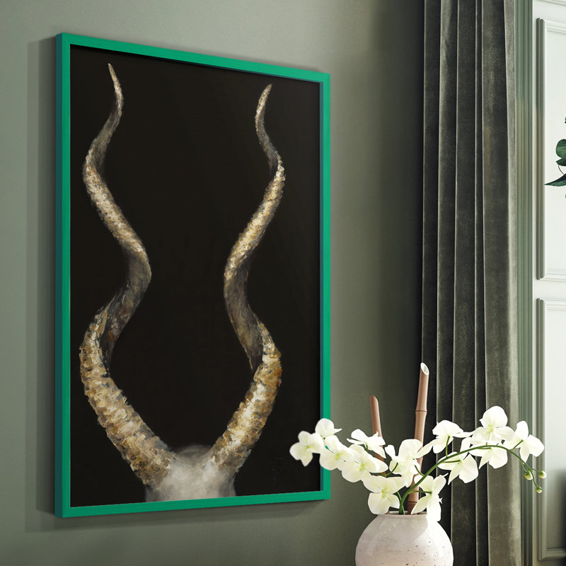 Reproduction encadrée de cornes d'antilope en spirale - bois massif, Vert, H 10 po x l 8 po