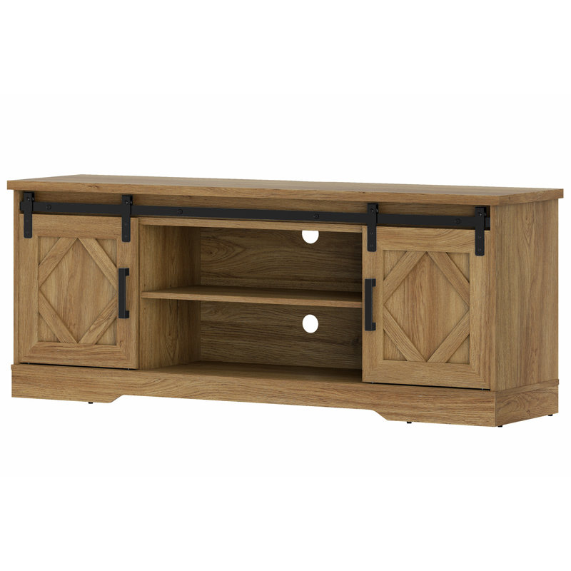 Meuble télé Glenford Modern Farmhouse pour téléviseur de 65 po ou moins avec porte de grange coulissante, Chêne rétro