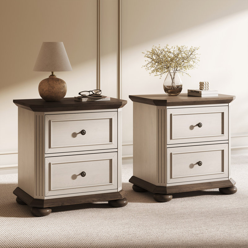 Wooden Nightstand with 2 Drawers, Antique White