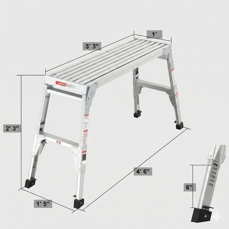 Grande plateforme de travail en aluminium servant de marchepied et de banc de travail pliables, d'une largeur de 40 pouces, avec pieds télescopiques réglables de 22 à 27,5 pouces de hauteur.