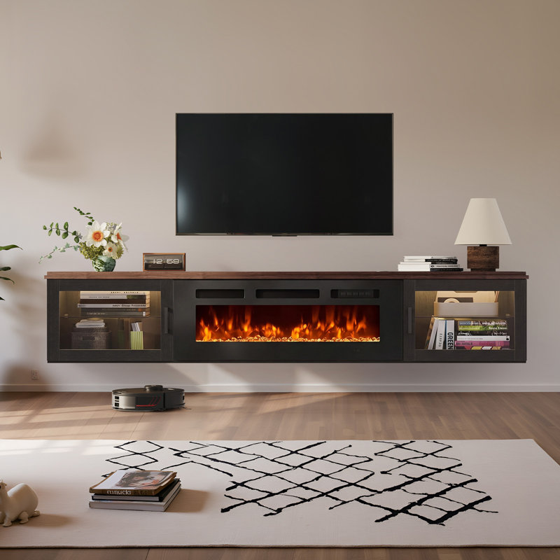 Meuble télé flottant de 70 pouces avec foyer, Noir et brun