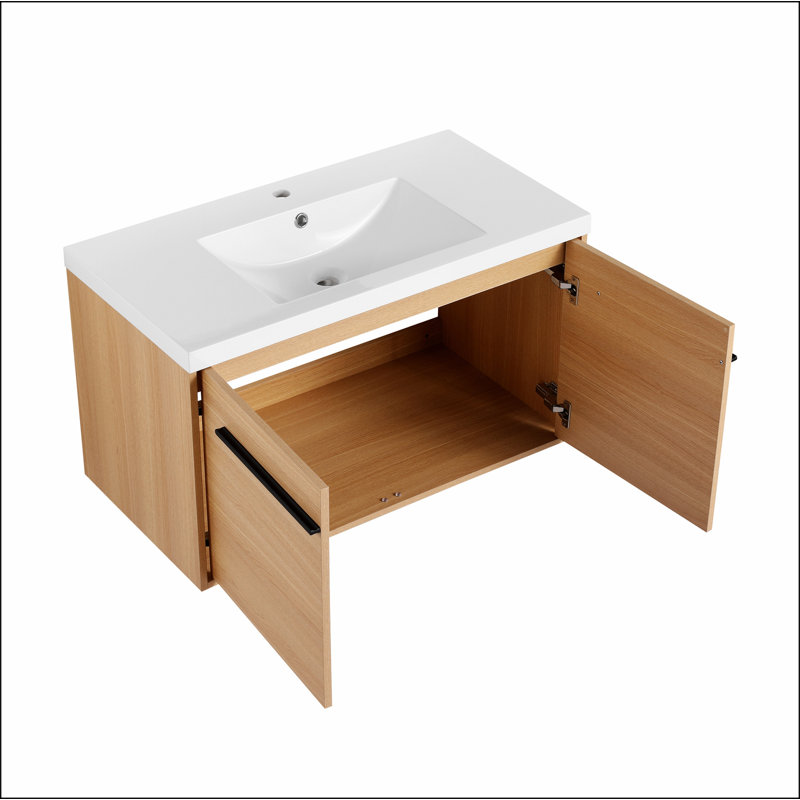 36 Inch Bathroom Vanity with resin Countertop Sink, 2 Doors Bathroom Cabinet Set, Oak