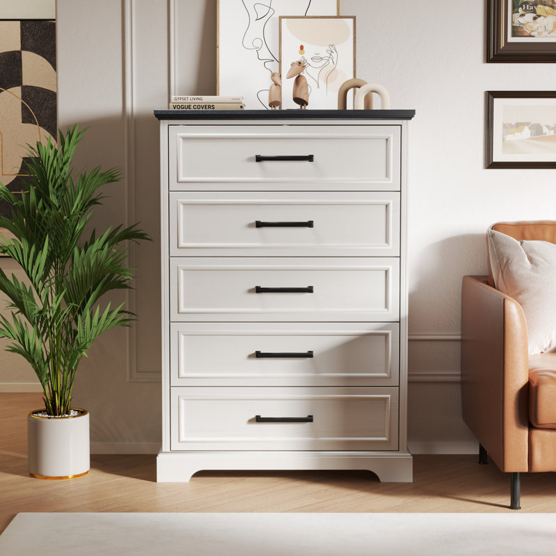 Farmhouse 5 Drawers Dresser Chests For Bedroom, 46" Tall Wood Rustic Chest Of Drawers With Wide Metal Handle, White/Black