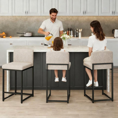 Ensemble de 2 tabourets de bar, tabourets de bar à hauteur de comptoir moderne avec dossier et repose-pieds, tabourets de bar rembourrés en similicuir pour îlot de cuisine, beige