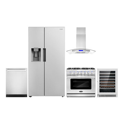 Cosmo 5 Piece Kitchen Appliance Package with Side By Side Refrigerator 36'' Gas Freestanding Built-In Island Range Hood