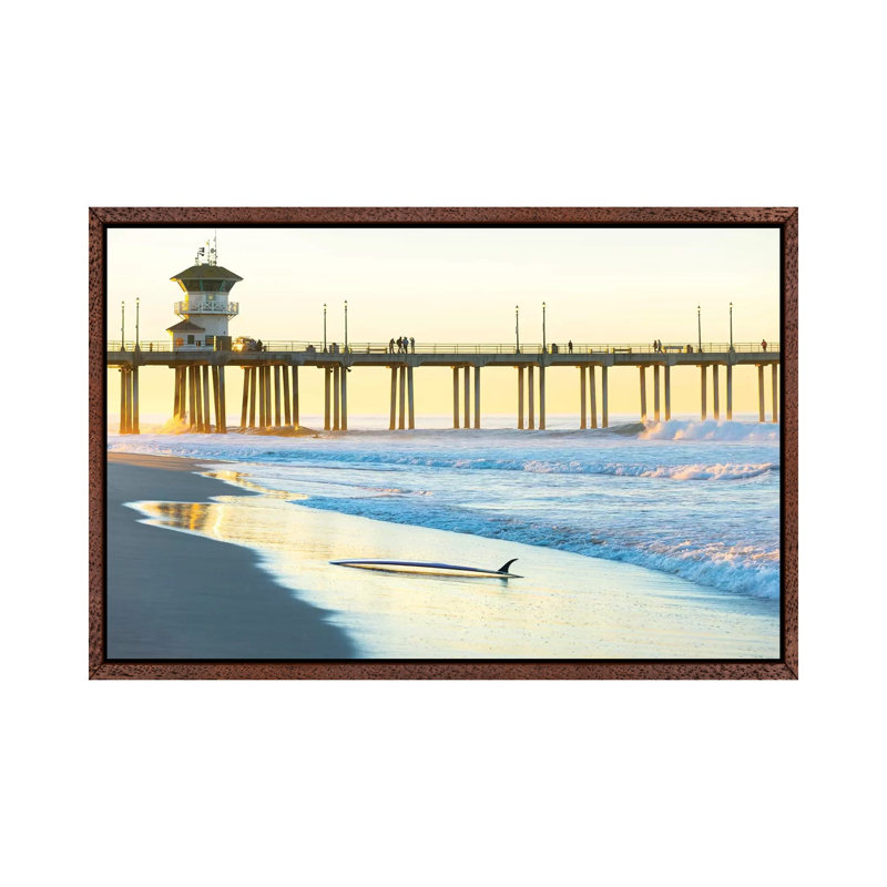 Huntington Beach Pier by Sean Davey - Print on Canvas, Classic Brown Wood Floater Framed, 45.72cm H x 66.04cm W x 3.81cm D