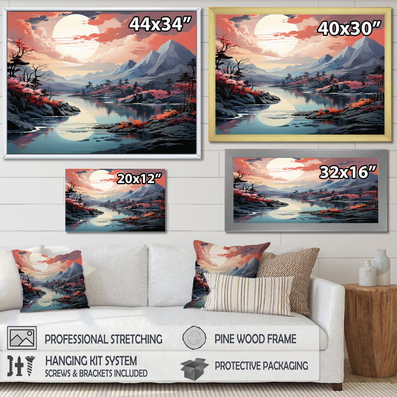 " River Mountain Scenery Minimalism ", White Single Picture Framed, 16" H x 32" W x 1" D