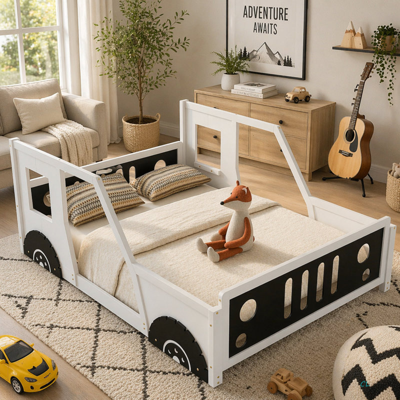 Full Size Classic Car-Shaped Platform Bed With Wheels, White