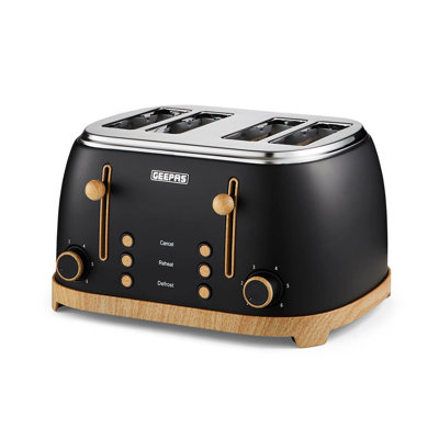 GEEPAS 4 Slice Toaster Nordiq Design | Matte Finish With Wood Accents | 6 Browning Levels Defrost Reheat & Cancel | Dual Control High Lift Removable Crumb Tray Cord Storage | 2 Year Warranty 1500W Black