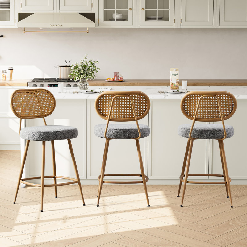 26''Modern Armless Upholstered Counter Height Stools With Rattan Backrest, Gray