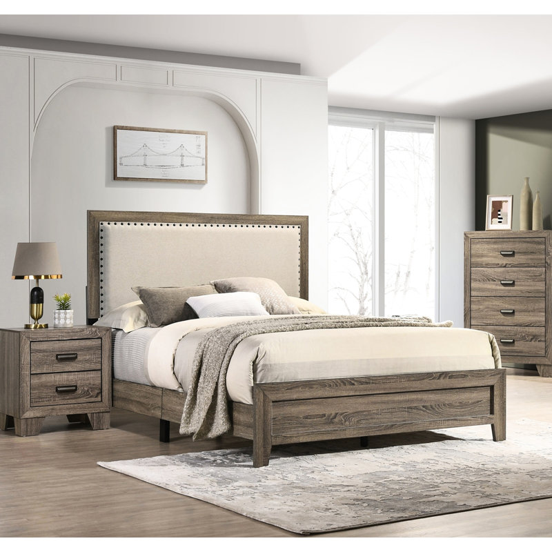Grand lit moderne avec incrustation de cristal et garniture de tête de lit chic en bois massif, Gris, Grand lit