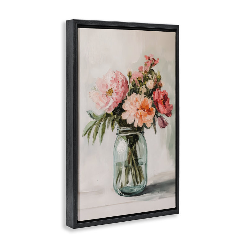 Tiges de fleurs roses dans un cadre flottant en pot, design par Petal Prints Design, 31 x 21, Jet Black Floater Framed