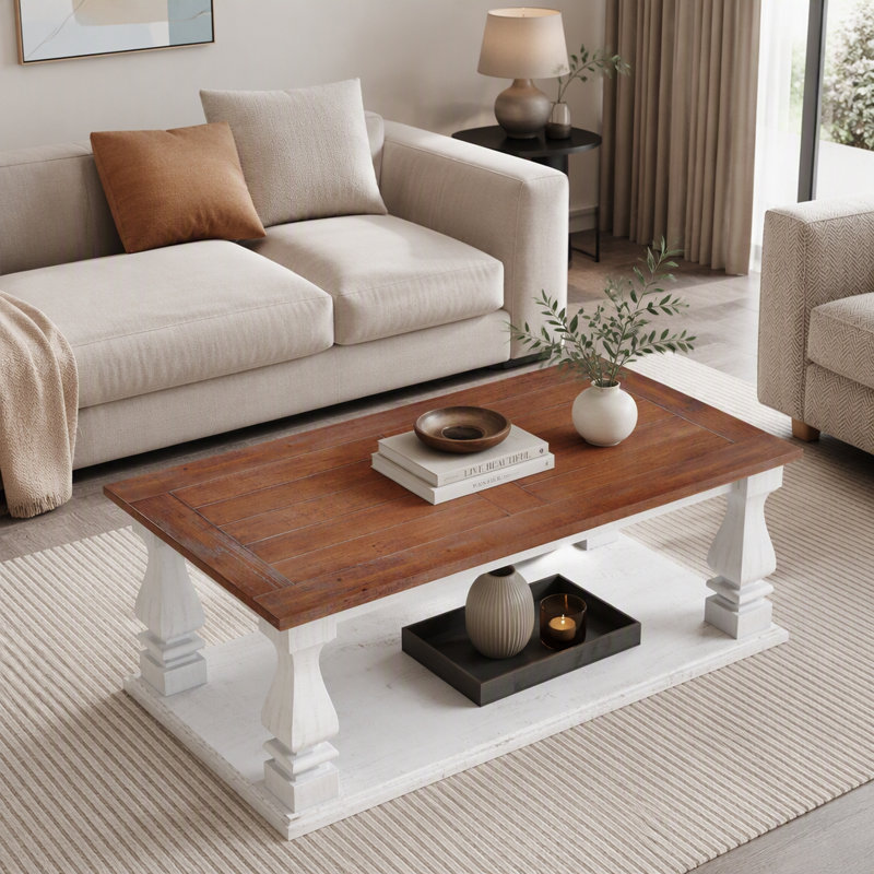 Table basse rectangulaire de style campagnard, table basse rustique avec pieds tournés épais et tablette de rangement